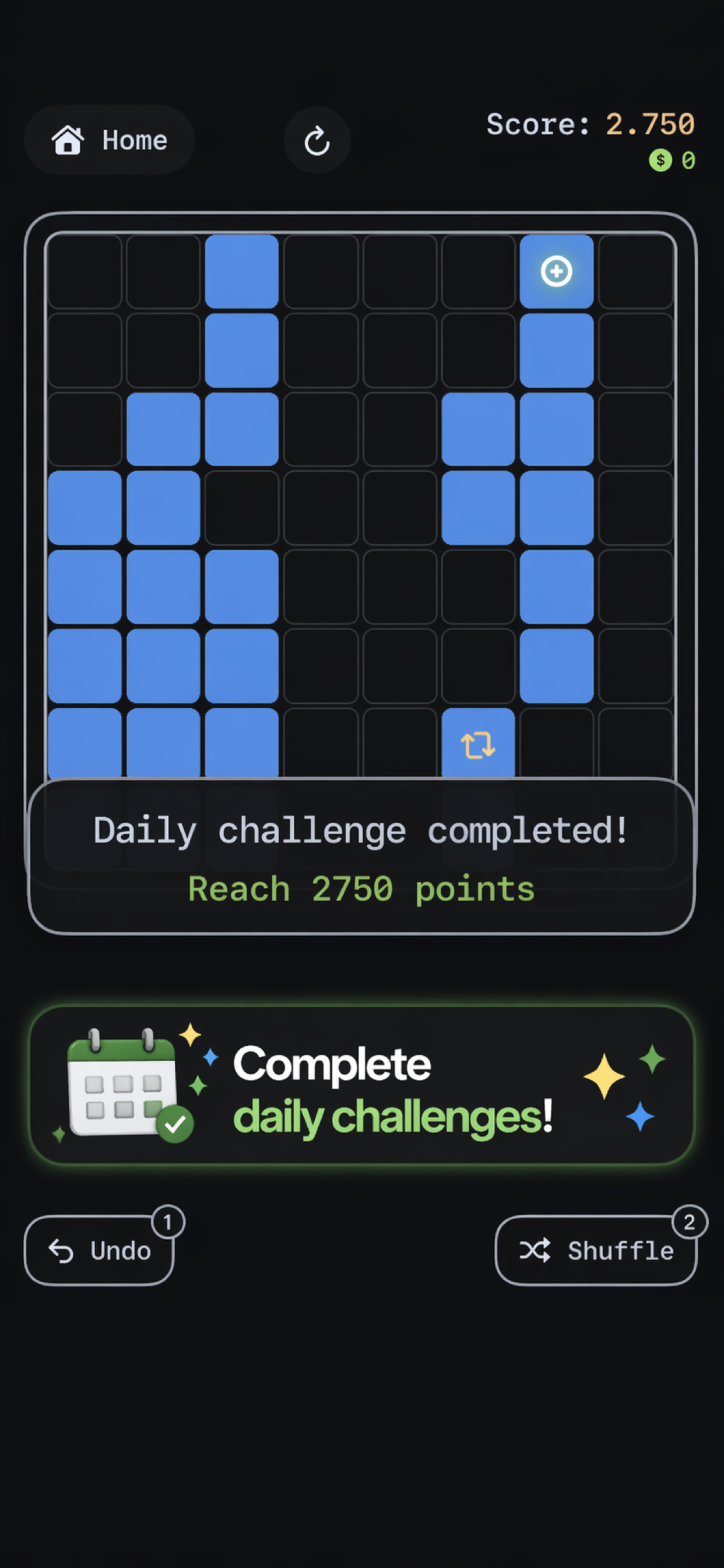 TapBlox! daily challenge-scherm met score en doel