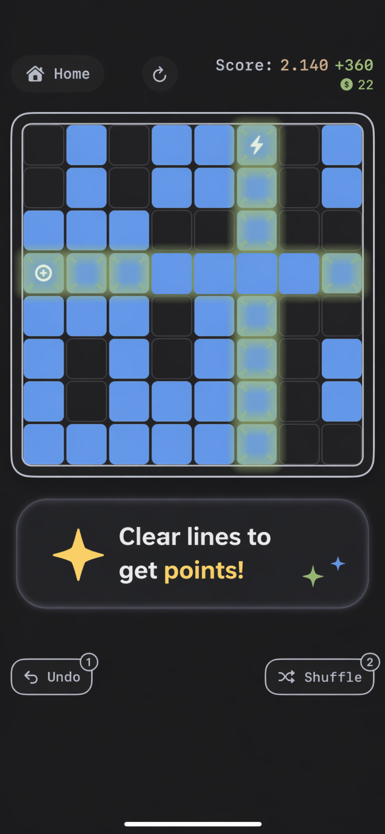 TapBlox! gameplay met verlichte lijnen na een clear