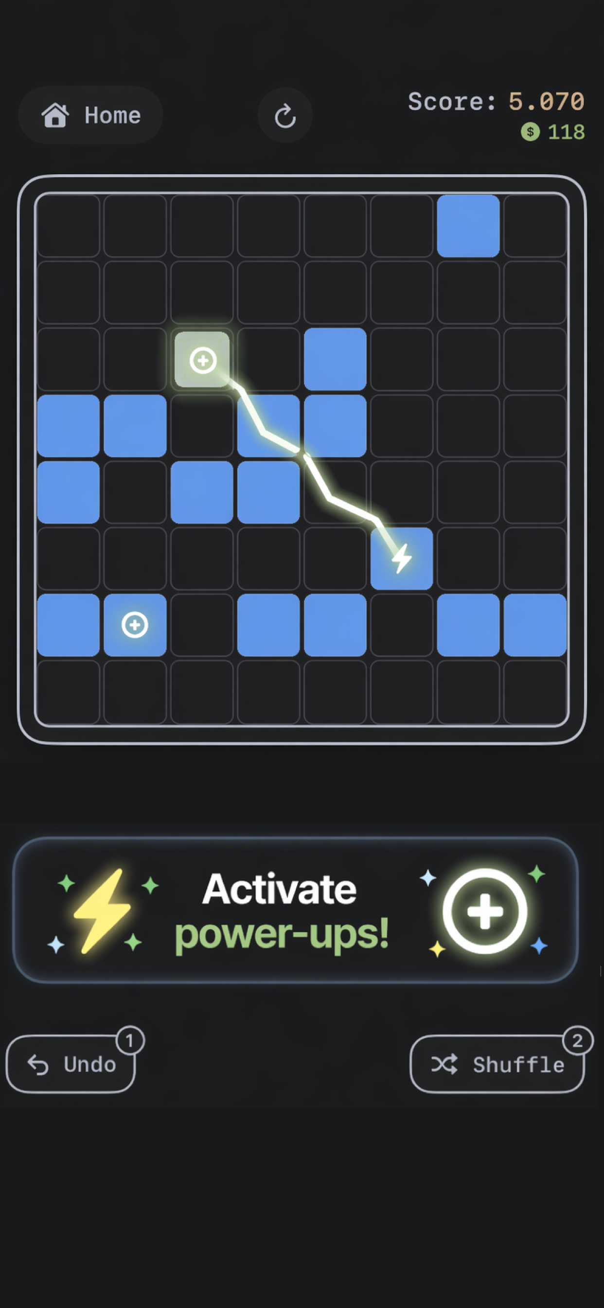TapBlox! gameplay met actieve power-up en verschillende stukken
